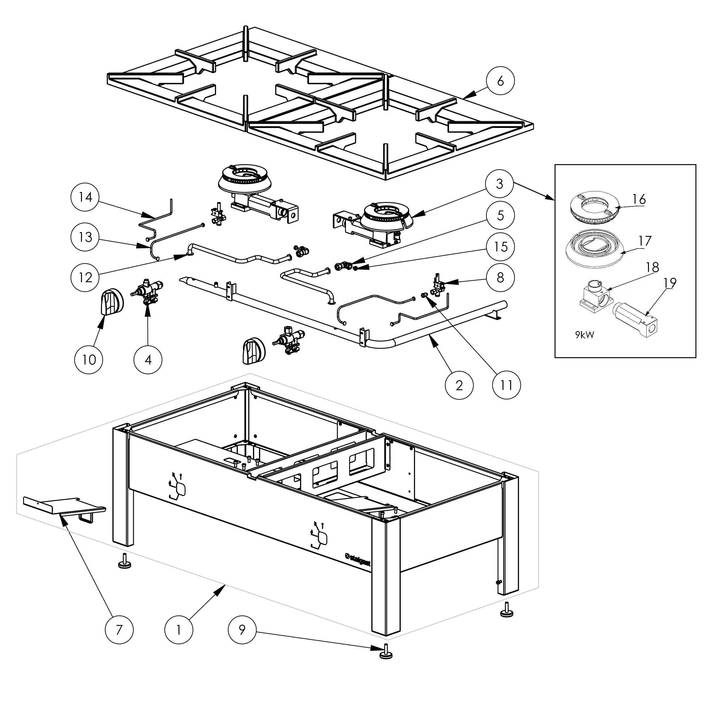 taboret gazowy, podwójny, Top line, 2x9 kW, G20 9